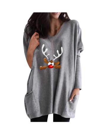 Plus Size Dress Tops Womens Christmas V Neck Pullover Sweatshirt Cute Funny Xmas Graphic Tunic Blouses Trendy Holiday Shirts Gray_womens Tops Dressy Casual Sexy X-Large