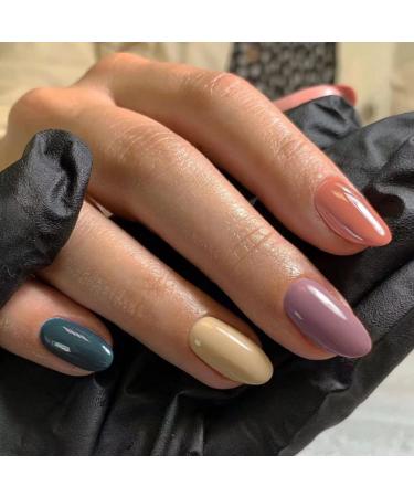 JUSTOTRY 24 Pcs Colourful Solid Oval Short False Nails French Press on Nails Pattern Fake Nails Short with Nail Glue Almond Medium Stick on Nails for Women Nails Fake Nail for Nails Art coloured&solid1