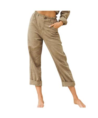 BFAFEN Cargo Pants Women Plus Size Cotton Linen Casual Pants Elastic Waist Straight Leg Trousers Solid Color Leggings Khaki X-Large