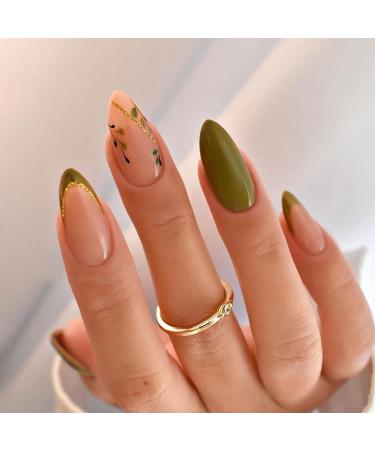 Fall Press on Nails Medium Almond Green Fake Nails Leafs Designs Full Cover False Nails with Glitter French Nails Autumn Nails for Women Girls 24 Pcs Artificial Nails Style 11