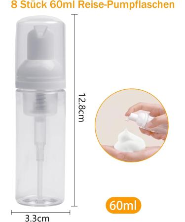 OMSSCUN 8-Piece Foam Dispenser Set - 60ml Empty Foam Pump Bottles for Shampoo Shower Gel Liquid Soap & Facial Cleanser - Portable & Lightweight - Buy Online on GoSupps.com