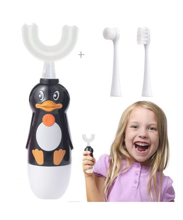 Kids Electric Toothbrush,Caromolly U-Shaped Automatic Toothbrush,360° Cleaning with Three Types of Brush Heads,Special Design for 7-12 Years,Cartoon Modeling,Black 3 Piece Set Black