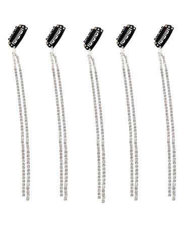 GRY 5 Pieces Silver Crystal Tassel Hair Clips Chains with Clips Ponytail Multi Strand Head Chain Hair Extension Chain Shiny Rhinestones Long Chain Hairpiece Hairpins for Women Girl Hair Accessories