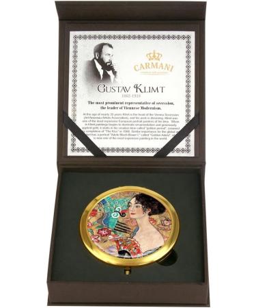 Gustav Klimt 'Lady with Fan' Gold Plated Bronze Pocket Mirror - Compact Travel Make-up Mirror - Buy Online on GoSupps.com
