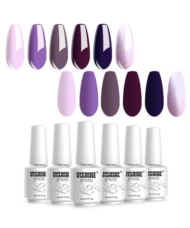 Vishine Gel Nail Polish Kit - 6 Colors Purple Series - Violet Lilac Grape Nail Gel Colors Nail Art DIY Home Gel Manicure Set