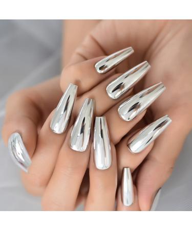 iMABC Silver Punk Metallic Press On False Nails Long Coffin Ballerina Chrome Mirror Fake Nails Full Cover Acrylic Nail Tips with Glue Tape For Women And Girls L5883-1