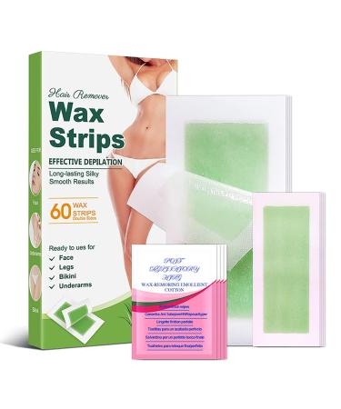 Wax Strips for Hair Removal 60 counts Facial & Body Wax Strips for Men & Women Hypoallergenic All Skin Types with 4 Calming Oil Wipes