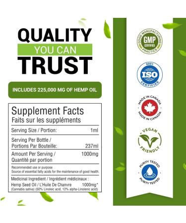 Citrus Flavour Hemp Oil 225 000 Mg (8 oz ) Extra Strength Formula Helps Treat Inflammation & Pain Relief - Derived Hemp Seed Oil Rich in Antioxidants Improves Skin Health & Sleep Non-GMO Omega 3 6 9 Balance Oil Made in Canada - Buy Online on GoSupps.com