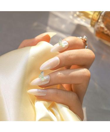 Sethexy shiny stilett medium false nail sparkle butterfly wrong fingernails white bling press on nails 24st acrylic art nail tips for women and girls