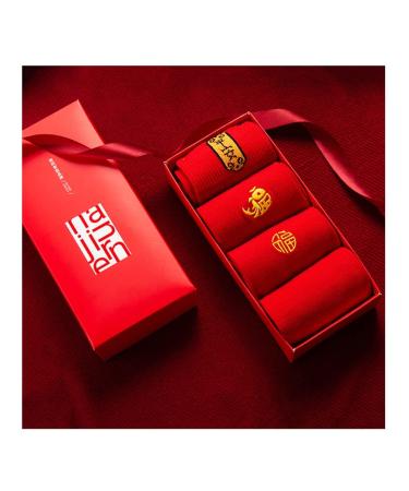 Chinese New Year Red Socks Men Women Chinese Embroidered Sports Socks Spring Festival Good Luck Socks with Gift Box 4 Pairs (Color : Red Size : 34-39) 34-39 Red