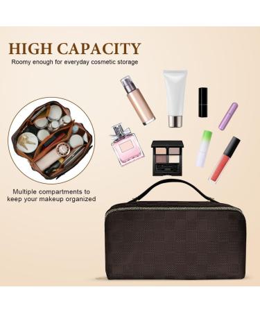 Aucuu Large Capacity Travel Cosmetic Bag | PU Leather | Waterproof | Portable Makeup Organizer - Checkered Dark Brown - Buy Online on GoSupps.com
