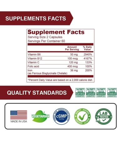 Lovita Iron 18mg 6-in-1 Supplement for Women - Vegan Iron with Vitamin C, Dong Quai & B12 - Supports Red Blood Cell Production - 120 Capsules - Buy Online on GoSupps.com