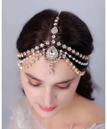 Sither Crystal Head Chain for Women Bridal Rhinestones Headchain Drop Crystal Pearls Headband Headpiece for Wedding Prom Halloween Party Hair Accessories (rose gold)