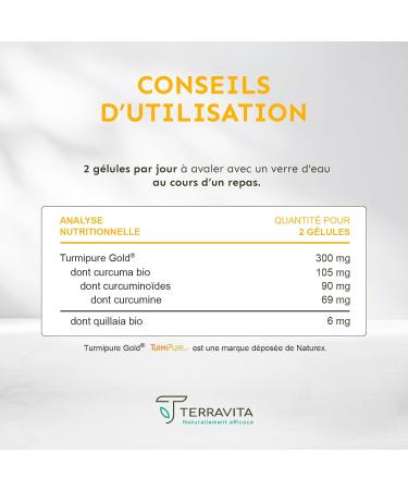 Curcuma BIO TurmiPure Gold 300 mg | Articulations & Digestion (Sans Pip rine) | Absorption Sup rieure la Curcumine 95% Standard | 60 G lules Vegan Sans Poivre Noir | Made in France | Terravita - Buy Online on GoSupps.com