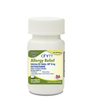 Ohm 24-Hour Allergy Medicine (300-Count) Antihistamine for Pollen Hay Fever Dry Itchy Eyes Allergies | Cetirizine HCl 10mg Tablets