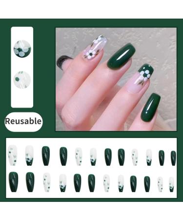 RUNRAYAY Green Medium Press On Nails with Flower | Acrylic Fake Nails for Women & Girls - Perfect for Any Occasion! - Buy Online on GoSupps.com