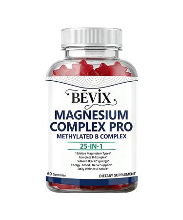 BEVIX Magnesium Complex Gummies with Methylated B Complex Magnesium Glycinate Citrate Malate Taurate Gluconate Aspartate Carbonate D3 K2 Magnesium for Relaxation Energy & Nerve 60 Gummies