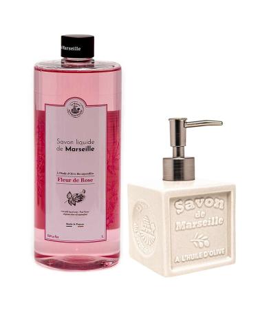 Maison Du Savon De Marseille liquid soap with white ceramic soap dispenser 1 liter refill pack and 300 ml dispenser