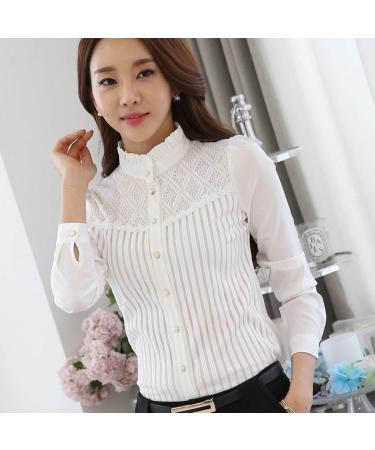 Geilisungren Women s Elegant Stand-Up Collar Blouse - Chiffon Lace Patchwork Button Tops - Casual Oversized XXL White Fashion - Buy Online on GoSupps.com