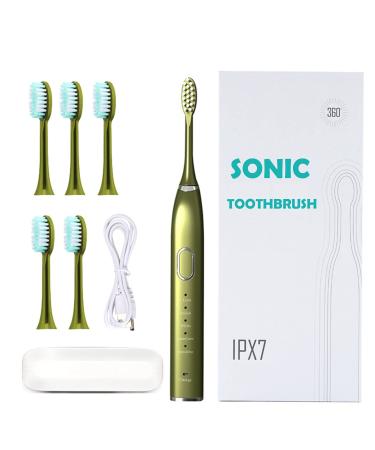 Sonic Electric Toothbrush - Smart Auto Brushing Teeth with 6 Brush Heads, 5 Cleaning Modes, Smart Timer - IPX7 Waterproof Rechargeable Tooth Brush for Adults Oral Cleaning (Avocado Green)
