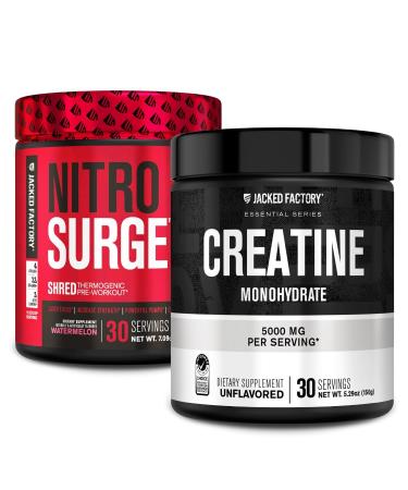 Jacked Factory NITROSURGE Shred Pre Workout Supplement (Watermelon 30 Servings) & Creatine Monohydrate Powder (Unflavored 30 Servings)