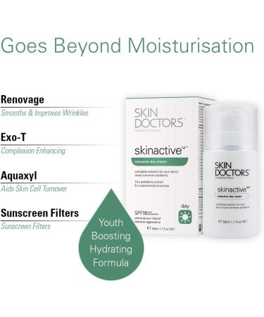 Skin Doctors Skinactive 14 Intensive Day Cream Moisturiser for the face with SPF15 Skin Active helps hydration firmness anti ageing & reduces redness pore size fine lines wrinkles sagging skin sun spots uneven skin tone and pigmentation - 50ml - Buy Online on GoSupps.com