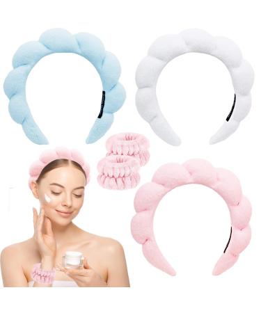 QVMKWL 3Pcs Towel Wrapped Sponge Material Flower Petal Design Spa Headband 1Pair Wrist Wash Bands(Blue Pink White)