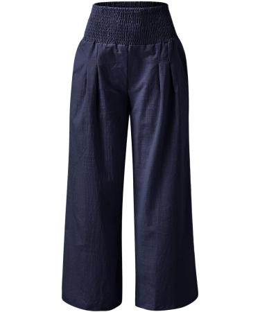 Navy Linen Palazzo Lounge Pants for Women | Elastic Wide Leg Trousers | Casual Summer Dress Pants - Size Small - Buy Online on GoSupps.com