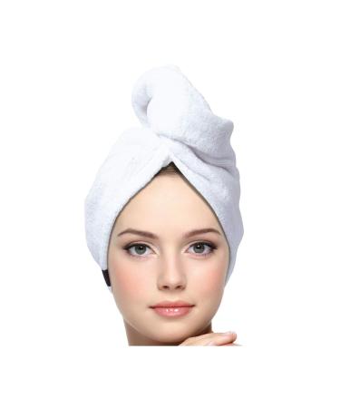 KEEPOZ Hair Towel Wrap Quick Dry 100% Cotton Super Absorbent Turban Head Wrap for Women with Button, Non Microfiber Anti Frizz Hair Products, Hair Cap for Curly, Long & Thick Hair (1Pc)(White)