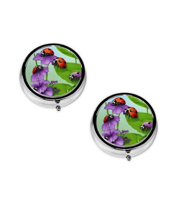 (Ladybug and Green Leaves) Round Pill Box 3 Compartment Pill Box Mini Decorative Pocket Purse Portable Travel Medicine Tablet Vitamin Holder Organizer Pill Case Black