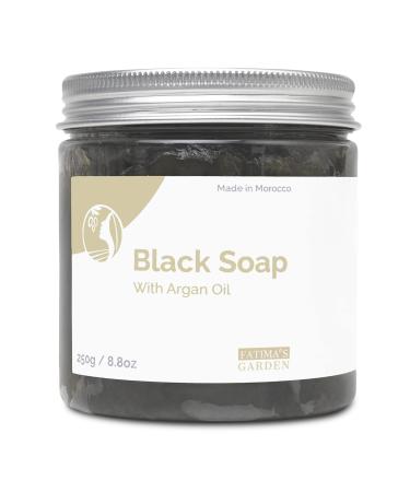 Black Soap (Beldi Soap) with Argan Oil by Fatima's Garden - 100 % natural Moroccan Black Soap, Body Scrub, Pure & Natural, Purifying, Cleansing, exfoliating for Hammam Ritual- 8.8 Oz / 250gr Argan Oil 8.8 Ounce (Pack of 1)