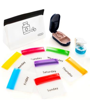 Pill Pouch Bags - Reusable Lockable 7-Day Travel-Sized Pouches for Medicine Pills Vitamins - Colored Days of The Week Organize Your Life | Includes Pill Cutter & Remover 3-1 Set Black