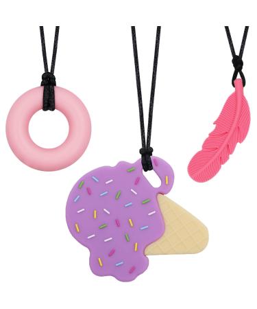 Sensory Chew Necklaces for Girls, 3 Pack Chewy Necklace for Sensory Kids, Silicone Oral Chew Toys for Adults with ADHD, Autism, SPD, Special Needs, Reduce Chewing Fidgeting