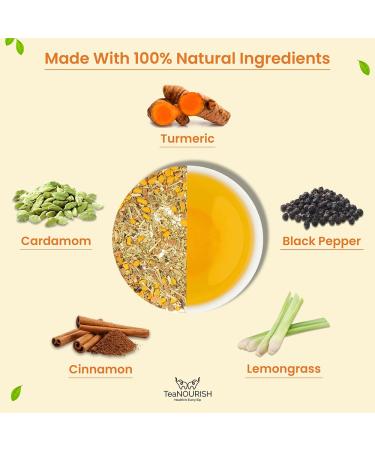 Teanourish Turmeric Masala Herbal Tea - Caffeine-Free 100% Natural Immunity Support | Turmeric Cinnamon Cardamom Black Pepper Lemongrass - 100g Pack - Buy Online on GoSupps.com