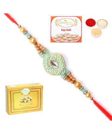 Ghasitaram Gifts Rakhi for Brother Rakhis Online - 8469 Premium Rakhi with 200 GMS of Kaju katli and 200 GMS of Soan Papdi Rakhi with 200 gms of Kaju katli and Soan Papdi