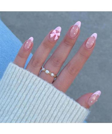 24Pcs Cute Pink French Press On Nails - Almond Shape Bow & Pearl Design - Luxury False Nails for Women - Full Cover Acrylic Manicure Accessories - Buy Online on GoSupps.com
