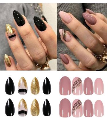Sethexy almond short false nails pink black 2 set artificial nails to stick with nail glue oval press on nails with glue 48 piece acrylic nails to stick on for women and girls