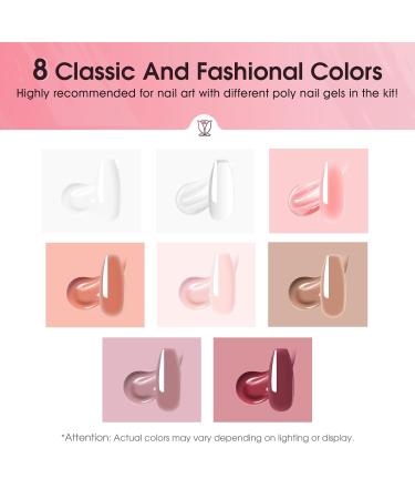 ROSALIND Poly Nail Gel Kit - 8 Colors + White & Brown Nail Art Accessories | Clear Nude Starter Set with Slip Solution & Mini UV Lamp - Buy Online on GoSupps.com