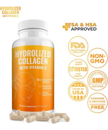 Aura Vitamin Hydrolyzed Collagen with Vitamin C Capsules 500mg Great Energy | Skin Hair and Nail Support | Hyaluronic Acid Pills - 60ct (2) - Buy Online on GoSupps.com