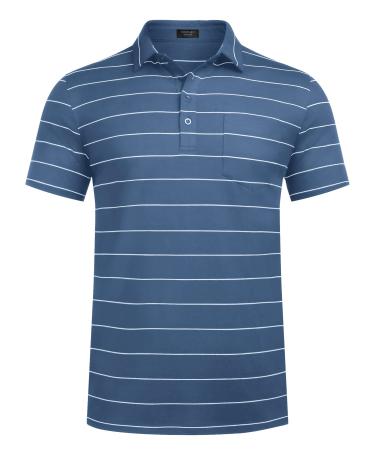 COOFANDY Men's Striped Golf Polo Shirt Short Sleeve Lightweight Collared T-Shirt Cotton Polo Shirts with Pocket Royal Blue Large