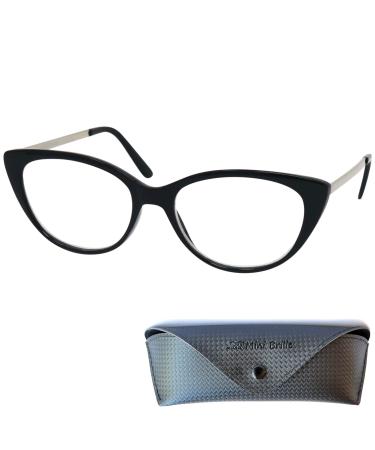 Mini glasses cateye anti blue light glasses reading glasses with large glasses and free case plastic glasses frame with metal iron blue light filter glasses black 1.5 diopters
