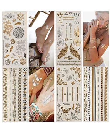 Temporary Tattoos,Metallic,5 Large Sheets Gold Silver Glitter, by WffDirect,80+ Color Flash Fake Waterproof Tattoo Stickers-For Adults or Kids