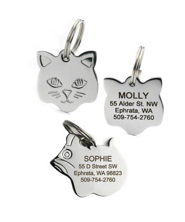 GoTags Stainless Steel Cat ID Tags, Available in Mouse and Cat Shapes, Includes up to 4 Lines of Custom Engraved Personalized Text Kitty Face Small