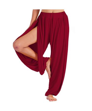 Lofbaz High Slit Yoga Harem Pants for Women Dance PJs Lounge Maternity Trousers XL Dark Red