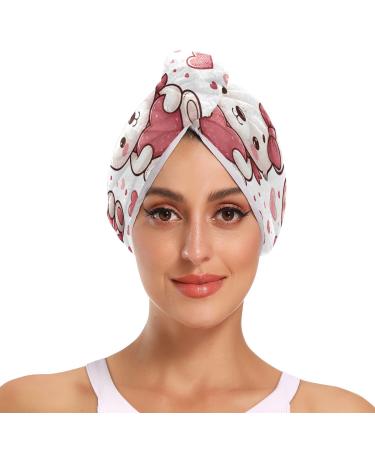 Pink Bear with Hearts Hair Towel 2 Pack Super Absorbent Hair Drying Towel Quick Dry Hair Turbans Head Towel with Button Twisty Wrap for Women Girls