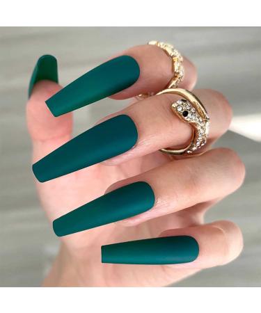 Yheakne artificial fingernails with long coffin ballerina green matt French nails for clipping punk luxury artificial nails for women and girls 24 pieces (green)