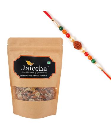 Jaiccha Ghasitaram Rakhi Gifts for Brothers Rakhi Dryfruits - Honey Coated Roasted Almonds 200 GMS in Brown Paper Pouch with Rudraksh Rakhi
