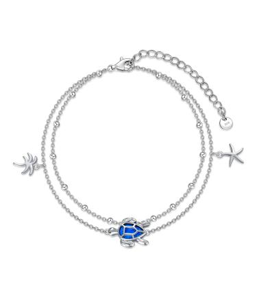 Turtle Ankle 925 Sterling Silver Blue Opal Sea Turtle Anklets Plam Tree Starfish Layered Link Chain Ankle Beach Ocean Foot Jewelry Gift for Women
