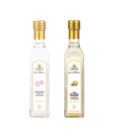 Lot produits libanais - Eau Florale Alimentaire pour P tisseries et Cocktails : Eau de Fleurs d'Oranger + Eau de Rose - 2x25cl - Liban