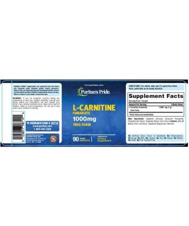 Puritan's Pride L-Carnitine Fumarate 1000mg - 90 Caplets | Supports Energy Production and Metabolism - Buy Online on GoSupps.com